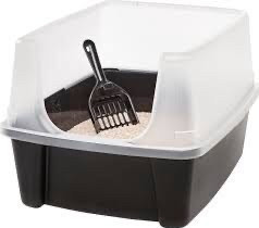 lot 8672 image: IRIS Open Top Cat Litter Box Kit with Shield and Scoop, Black