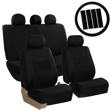 lot 8732 image: FH Group Light & Breezy Auto Accessories Full Set Seat Covers, with Steering Wheel Cover and Seat Belt Pads, Airbag Compatible and Split Bench Function, Black