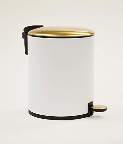 lot 7090 image: AQ Round Metal 5 Liter1.3 Gallon Step Trash Can with Removable Liner & Soft Close Lid, Small Garbage Pedal Waste Bin for Bathroom, Bedroom or Office - Matte White & Gold - light dents see pic
