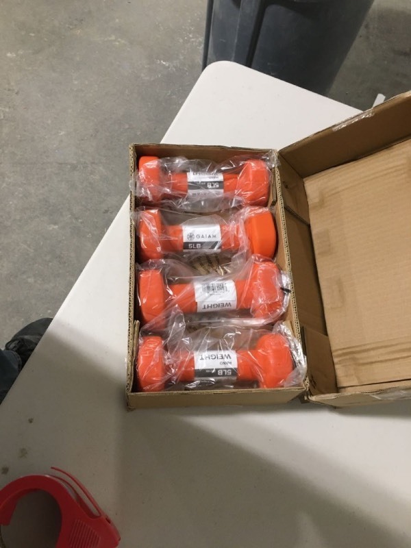 lot 5284 image: Gaiam Neoprene Dumbbell, Orange, 5 Lbs, Single Weight. set of 4