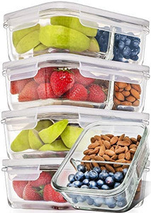 lot 41515 image: Prep Naturals Glass Meal Prep Containers Glass 2 Compartment 5 Pack - Glass Food Storage Containers - Glass Storage Containers with Lids - Divided Glass 30 oz