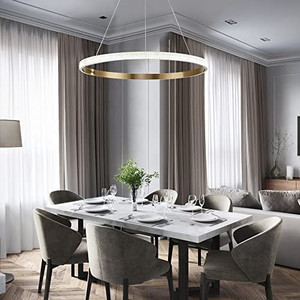 lot 41519 image: HELYCH Modern Pendant Light Fixture, 3 Color 1 Circle 23 Ring Acrylic Crystal LED Chandelier, 3000K 4500K 6000K Adjustable Contemporary Hanging Lamp for Dining Room Living Room Bedroom Foyer, Gold
