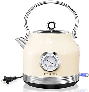 lot 41541 image: Retro Electric Kettle Stainless Steel 1.7L Tea Kettle, Hot Water Boiler with Thermometer & LED Light, Fast Boiling, Auto Shut-Off & Boil-Dry Protection (Beige)