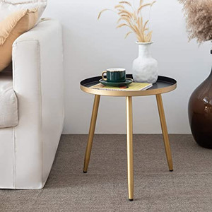 lot 41704 image: Round End Tables Living Room, Narrow Night Stands Round Side Table for Bedrooms, Cute Gold Coffee Table, Pedestal Plant Stand for Balcony, Black Tray with 3 Legged Gold Accent Table by AOJEZOR