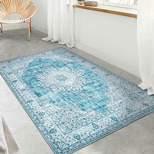 lot 41723 image: DECOMALL Kalina Washable Area Rugs Blue White, Bohemian Vintage Foldable Carpet for Foyer Laundry Room Bedroom, 5x7ft