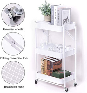 lot 41745 image: Nuovoo 3 Tier Foldable Storage Cart with Roller Wheels, Roller Trolley Cart for Kitchen and Coffee Bar (White)