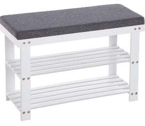 lot 41757 image: SONGMICS Bamboo Shoe Bench, 2-Tier Shoe Rack, Stable Shoe Organizer for Entryway, Living Room, Bench Seat Holds Up to 330 lb, 28 x 11.4 x 19.3 Inches, Brown and Gray ULBS604CG