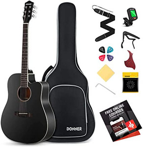 lot 41767 image: Donner Black Acoustic Guitar for Beginner Adult Full Size Cutaway Acustica Guitarra Bundle Kit with Free Online Lesson Gig Bag Strap Tuner Capo Pickguard String 4 Picks, Right Hand 41, DAG-1CB