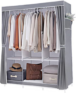 lot 41779 image: FUNFLOWERS Portable Wardrobe Storage Closet, Clothes Organizer with Oxford Cloth Fabric, Storage Shelves  Hanging Sections  Side Pockets, Durable & Easy to Assemble, 50 L x 18 D x 63 H, Grey