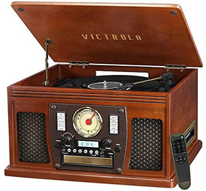 lot 41801 image: Victrola 8-in-1 Bluetooth Record Player & Multimedia Center, Built-in Stereo Speakers - Turntable, Wireless Music Streaming, Real Wood  Mahogany