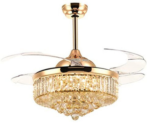 lot 41804 image: SILJOY 42 Inch Retractable Crystal Ceiling Fan Lights with Remote Control LED Dimmable Fandelier Invisible Chandelier Fans Gold Finish - (Retails for $304)