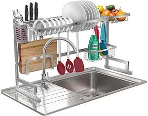 lot 41823 image: Sorbus Over-The-Sink Dish Drying Display Rack Stand, Draining Rack Sink Organizer with Utensil Holder Hooks for Kitchen Counter Storage Organizer for Dishes, Utensils, etc (Silver)