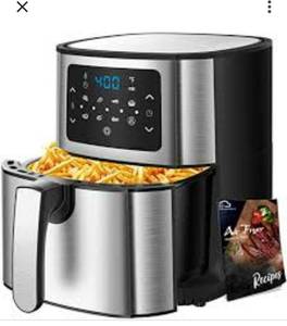 lot 42031 image: Air Fryer, Moochain 6 Quart Electric Hot Air Fryer Toaster Oven with 7-in-1 Presets LCD Digital Touch Screen and Nonstick Frying Pot with 72 Recipes, (Black)  (Appears new)
