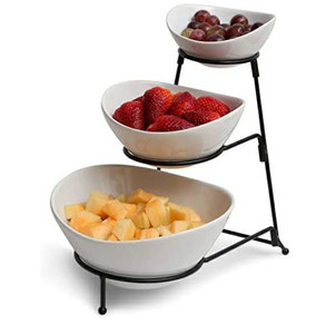 lot 43069 image: 3-Tier Oval Bowl Black Server Set - Food Server Display Stand - Chip and Dip Set Party Food Server Display Set - Three Tiered Snack Server with Metal Rack