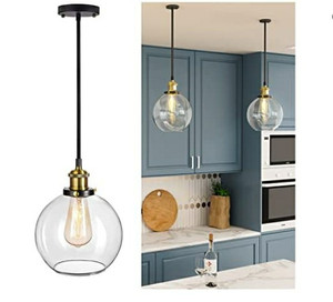 lot 43079 image: Frideko Glass Pendant Light - 7.9 inches Globe Pendant Light, Vintage Pendant Lighting for Kitchen Island, Modern Clear Glass Kitchen Lights Ceiling Hanging for Dining Room, Kitchen, Dining Table