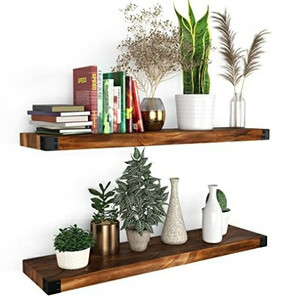 lot 43082 image: Nestria Floating Shelves for Wall Mounted  Modern All Wood Rustic Farmhouse Shelves for Living Room, Bathroom, Kitchen, and Bedroom  Walnut (24 Set of 2)