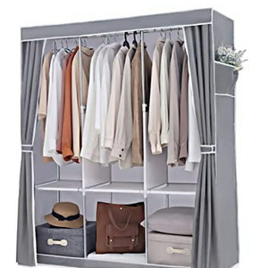 lot 43092 image: FUNFLOWERS Portable Wardrobe Storage Closet, Clothes Organizer with Oxford Cloth Fabric, Storage Shelves  Hanging Sections  Side Pockets, Durable & Easy to Assemble, 50 L x 18 D x 63 H, Grey