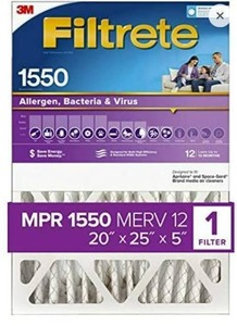 lot 45542 image: Filtrete 20x25x5, AC Furnace Air Filter, MPR 1550 DP, Healthy Living Ultra Allergen Deep Pleat, 1-Pack