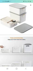 lot 45574 image: Vacane Set of 3 Plastic Storage Bins with Lid, Modern White Stackable Organizer Lidded Basket with Writable Label for Organizing, Sturdy Containers for Shelves Pantry Office School, Small Medium Large