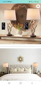 lot 45585 image: Rustic Western Table Lamp Set of 2, 26 Farmhouse Bedside Lamp for Bedroom with 2 USB Ports, Natural Antler Table Lamp for Living Room Foyer Office Valentines Day lamp Gifts (Brown)