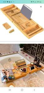 lot 45605 image: Bath Caddy Tray for Bathtub - Bamboo Adjustable Organizer Tray for Bathroom with Free Soap Dish Suitable for Luxury Spa or Reading