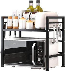 lot 45609 image: KITCSTI Expandable Carbon Steel Microwave Oven Rack Kitchen Countertop Storage Rack Kitchen Utensils Tableware Storage Counter OvenToaster Bracket with 2 Layers with 6 Hooks