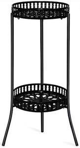 lot 45615 image: JzNova 2 Tiers Metal Plant Stand, 24.4inch Tall Flower Pot Raised Holder, Iron Art Planter Holders, Rustproof Outdoor & Indoor Elegant Corner Decorative Display Rack, Modern Potted Container, Black