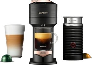 lot 45878 image: Nespresso Vertuo Next Premium Coffee and Espresso Maker by DeLonghi, Black Rose Gold with Aeroccino Milk Frother - Black Rose Gold(appears new)