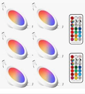 lot 21734 image: Recessed Lighting 4 Inch LED Downlight Recessed Ceiling Light 10W 900 Lumens RGB & Warm White 2700K Dimmable by IR Remote Control, 6 pack