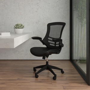 lot 21748 image: Flash Furniture - Mid-Back Mesh Swivel Ergonomic Task Office Chair with Flip-Up Arms - Black LeatherSoftMesh