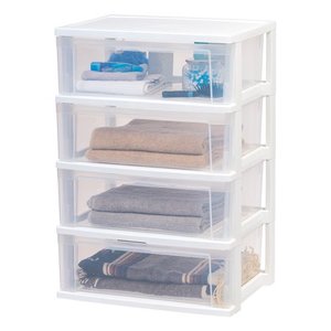 lot 21814 image: IRIS USA 4 Drawer Wide Plastic Storage Tower, WhiteClear