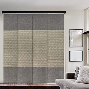 lot 23143 image: GoDear Design Deluxe 99.99% Blackout Adjustable Sliding Panel Track Blind 45.8in- 86in W x 96in H, Extendable 4-Rail Track, Metallic Luster Trimmable Pleated Natural Woven Fabric- Retail $189.99