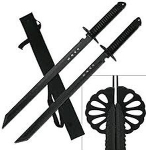 lot 1057 image: KCCEDGE BEST CUTLERY SOURCE 2PC Combo Full Tang 28in Tanto Ninja Katana Twin Sword Machete wNylon Sheath  Black Chinese Engraved on Blade Edition