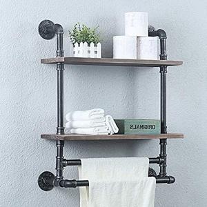 lot 1081 image: Weven Industrial Pipe Bathroom Shelves Wall Mounted with 2 Towel Bar,2 Tiered Metal Floating Shelves Towel Holder,Wall Shelf Over Toilet,24in Rustic Wall Decor Farmhouse Towel Rack