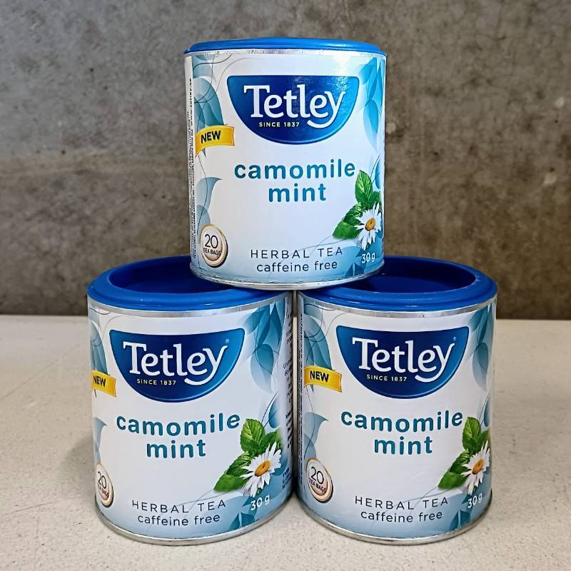 lot 25001 image: Case of TETLEY Chamomile Mint Herbal - Caffeine Free - 20 Tea Bags per Can -12 Cans Total  240 Bags Total