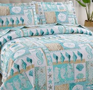 lot 4515 image: 3-Piece Coastal Plaid Rversible Quilt Set FullQueen(90x90 inches),Tropical Seahorse Conch Starfish Nautical Bedding Sets,Beach Theme Quilted Bedspread Coverlet for All Seasons (Blue Green,FullQueen)
