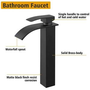 lot 4527 image: BESy Black Waterfall Spout Bathroom Faucet, Tall Single Handle Bathroom Vessel Sink Faucet, Rv Lavatory Vessel Faucet Basin Mixer Tap, Solid BrassMatte Black