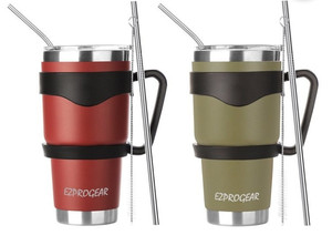 lot 4529 image: Ezprogear 30 oz 2 Pack Stainless Steel Coffee Tumbler Double Wall Vacuum Insulated Tea Mug with Straws and Handle (Cherry Red & Olive Green)