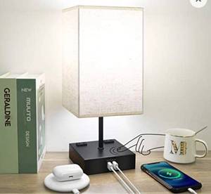 lot 12197 image: Touch Control Table Lamp,3-Way Dimmable Bedside Lamp 5000K Daylight with 2 USB Charging Port, Hansang Desk Lamp with 2 AC Outlet for Bedroom,Square Nightstand Lamp E26 LED Bulbs Include