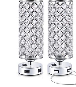 lot 14984 image: Kakanuo USB Crystal Table Lamps Bedside Lamps Lot of 2 With Built in USB Ports