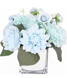 lot 11409 image: Namiere Mini Artificial Blue Peony Flowers in Mirror Vase, 2 Bunches of Fake Silk Flowers, Floral Centerpiece Arrangement Decoration Suitable for Gift Wedding Party Entryway Kitchen Vanity Table