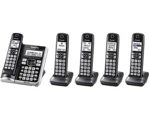 lot 11410 image: Panasonic Link2Cell Bluetooth Cordless Phone System with Voice Assistant, Call Block and Answering Machine, Expandable Home Phone with 5 Handsets - KX-TGF575S (Black with Silver Trim)