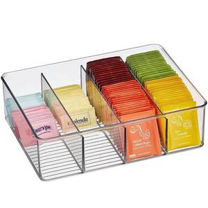 lot 11435 image: mDesign Plastic 9x12x3.5 Food Storage Organizer Bin with 4 Divided Compartments for Kitchen Cabinet, Pantry, Shelf to Organize Seasoning Packets, Powder Mixes, Pouches, Tea, Spices, Snacks - Clear - Lot of 2