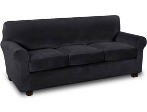 lot 12206 image: Velvet 4 Piece Stretch SofaCouch Cover for 3 Cushion Couch Sofa Slipcovers (Base Cover Plus 3 Cushion Covers) Feature Soft Stay in Place - Grey