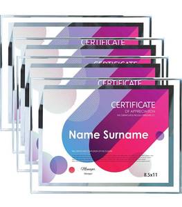 lot 12208 image: SIMONS SHOP 4 Pack Picture Frames 8.5 x 11 Frames for Certificates and Awards 8 12 x 11 Wall and Tabletop Frame Set, Clear with Silver Trim