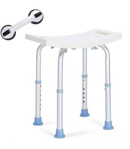 lot 12233 image: OasisSpace Shower Chair, Adjustable Bath Stool with Free Assist Grab Bar - Medical Tool Free Anti-Slip Bench Bathtub Stool Seat with Durable Aluminum Legs for Elderly, Senior, Handicap & Disabled