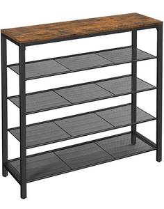 lot 12237 image: VASAGLE Shoe Rack, 5-Tier Shoe Storage Organizer with 4 Metal Mesh Shelves for 16-20 Pairs and Large Surface for Bags, for Entryway, Hallway, Closet, Industrial, Rustic Brown and Black ULBS15BX