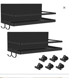 lot 12260 image: JONYJ Magnetic Spice Rack Organizer with 4 Removable Hooks & 6 Magnetic Clips, Single Tier Refrigerator Spice Storage Shelf for Jar of Olive Oil, Cooking Oils, Salt, Pepper, Small Things (2 Pack)