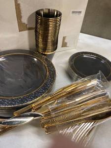 lot 12282 image: Black and Gold Dinner set, plastic 25 each of 10 plates, desert plates, cups, spoons,forks,and knives