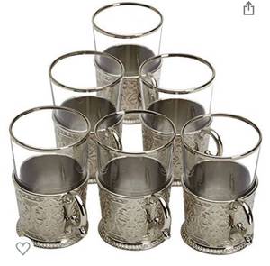 lot 14991 image: CopperBull 6 X Turkish Style Tea Glasses Set with Holders Spoons, XL 6.6 Ounce (Silver)